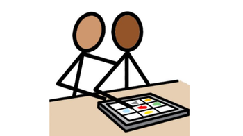 AAC icon of two stick figures sat at table using AAC device