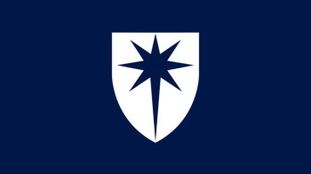White shield crest with 8 pointed star on navy blue background