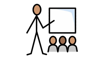 AAC icon of 3 people watching person with display board 