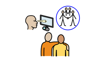 AAC icons of AAC user, stick figures holding hands, two people - one with arm around the other