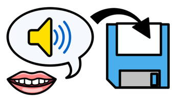 AAC icon for message banking. Lips with a speech bubble above and a speaker inside the speech bubble. Arrow pointing to image of floppy disc icon