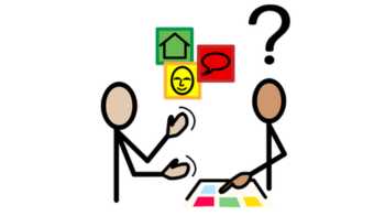 AAC icon of two people standing opposite each other using an AAC device