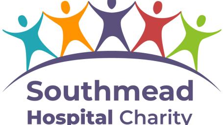 The logo for Southmead Hospital Charity features five outlines of people figures holding hands up high; each figure is filled with a block colour - teal, orange, purple, red, and green. 