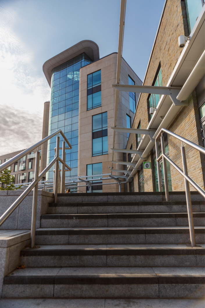 The Brunel building exterior looking at the tall main entrance.