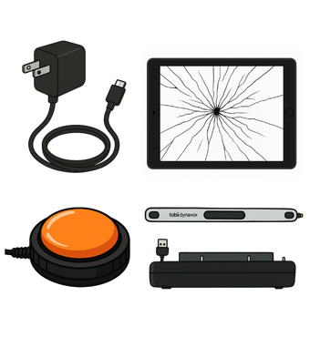 AAC icons of plug, cracked tablet screen, switch, tablet charging port, and charger