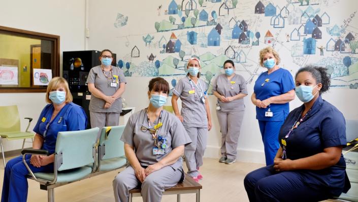 Midwifery Team in a room, all wearing masks