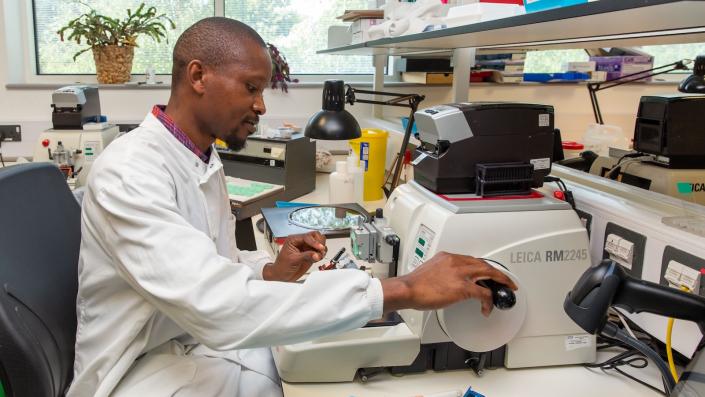 Pathology team using equipment