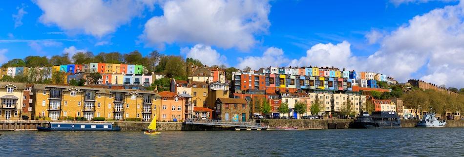 Colourful houses of Bristol over river Avon