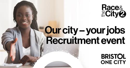 Business woman sat behind a desk holding her hand out to shake hands alongside the text "Race & The City 2. Our city - your jobs recruitment event. Bristol One City."