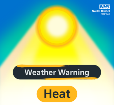 Heat Weather Warning A yellow sun sits on tope of a yellow, green and blue background with the phrase Weather Warning Heat displayed underneath