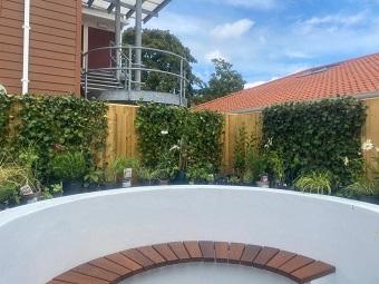 Garden space with a curved white wall, wooden semi-circular bench and plants growing behind