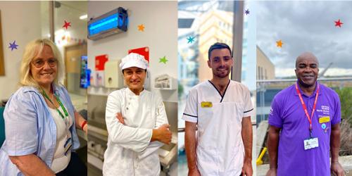 Four images of people sit side by side. From left to right are: Emergency Zone Receptionist Margaret who is sat at her desk smiling at the camera; Head Chef Efie, dressed in chef whites; Physio Harry in his white uniform with the hospital in the background; and volunteer Ron dressed in a purple polo shirt standing on the roof terrace of the Brunel building. 