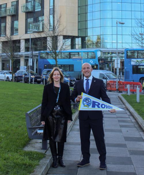 Maria & Adam. Adam holding Bristol Rovers flag