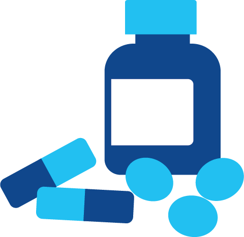 graphic showing a tablet bottle, capsules and pills