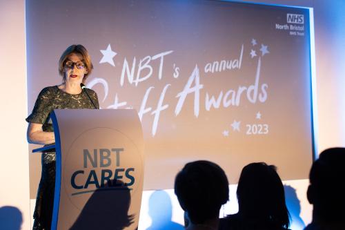 Maria Kane presenting at the NBT Annual Staff Awards 2023