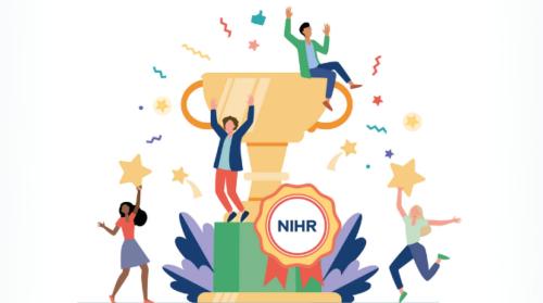 NIHR awards logo. A colourful illustration of a large trophy with people celebrating around it. 