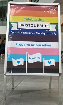 Poster featuring a rainbow and flags celebrating Bristol Pride 25 June - 11 July