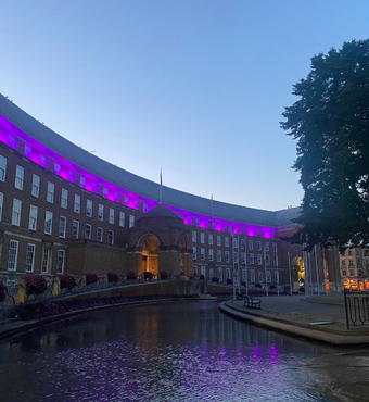 City Hall in Bristol is lit up in purple to mark World Hepatitis Day.