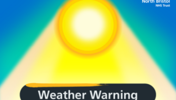 A yellow sun sits on tope of a yellow, green and blue background with the phrase Weather Warning Heat displayed underneath