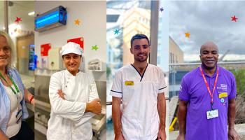 Four images of people sit side by side. From left to right are: Emergency Zone Receptionist Margaret who is sat at her desk smiling at the camera; Head Chef Efie, dressed in chef whites; Physio Harry in his white uniform with the hospital in the background; and volunteer Ron dressed in a purple polo shirt standing on the roof terrace of the Brunel building. 