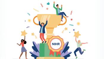 NIHR awards logo. A colourful illustration of a large trophy with people celebrating around it. 